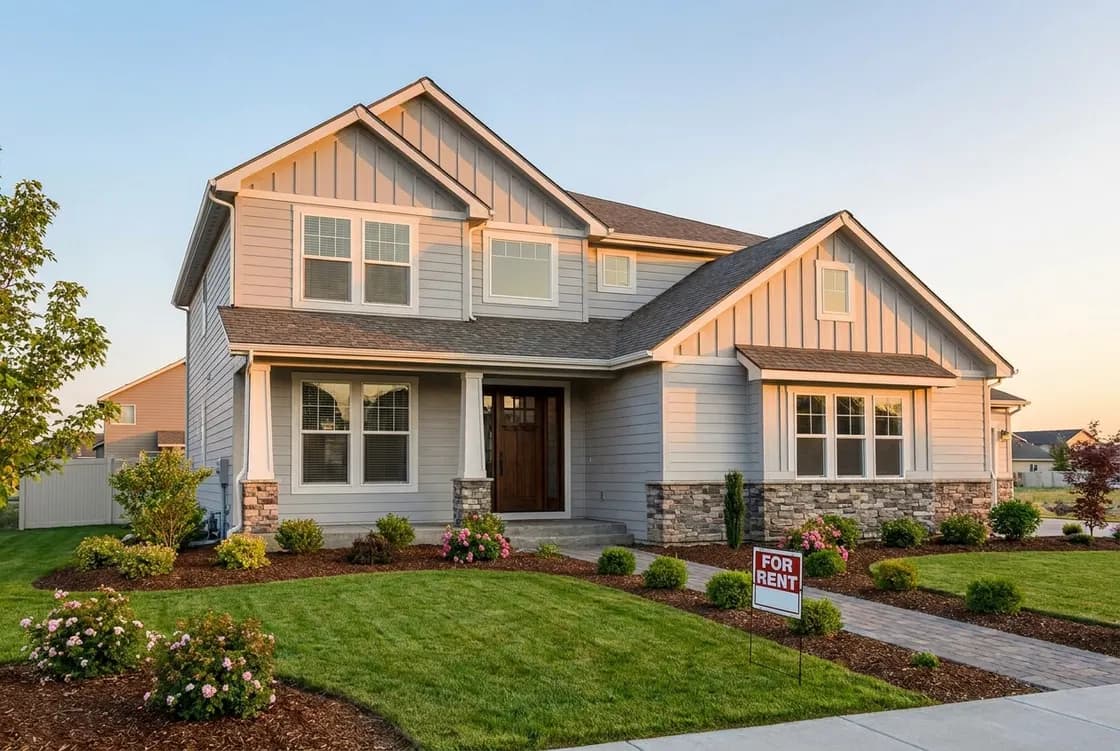 A suburban rental home with a 'For Rent' sign in the yard
