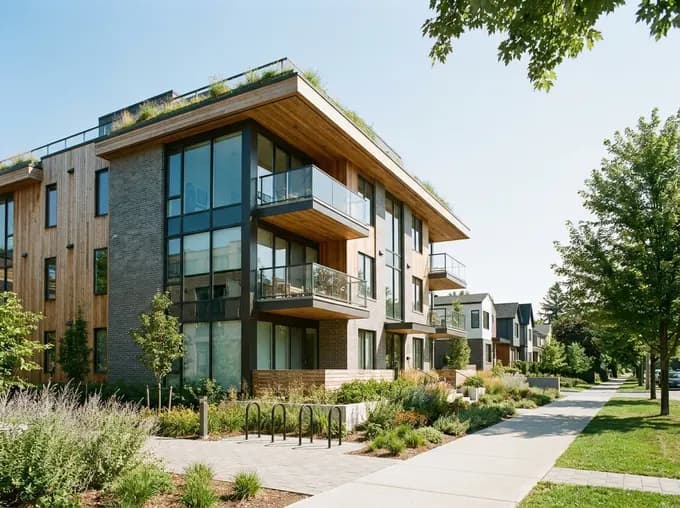 A modern multifamily apartment building on a clear day