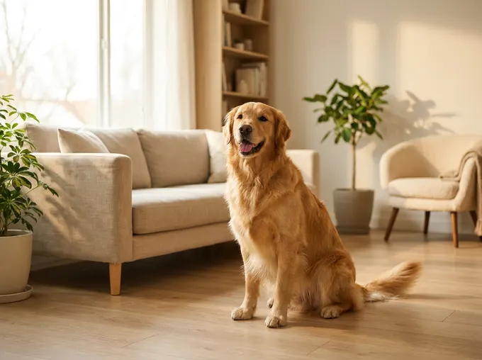 A golden retriever sitting in a bright living room